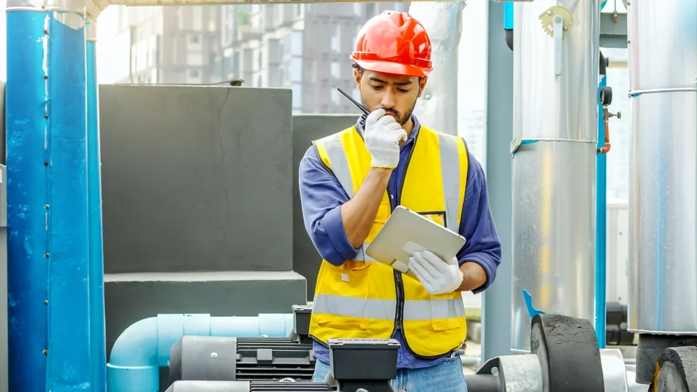 Warnhinweis für Asbest Teilabbruch Ingenieur prüft Abrissarbeiten